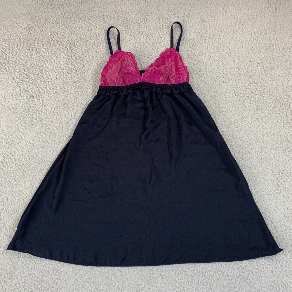 Samantha Chang Chemise Dress‎ Medium Ruffle Pink Lace Navy Babydoll Balletcore
